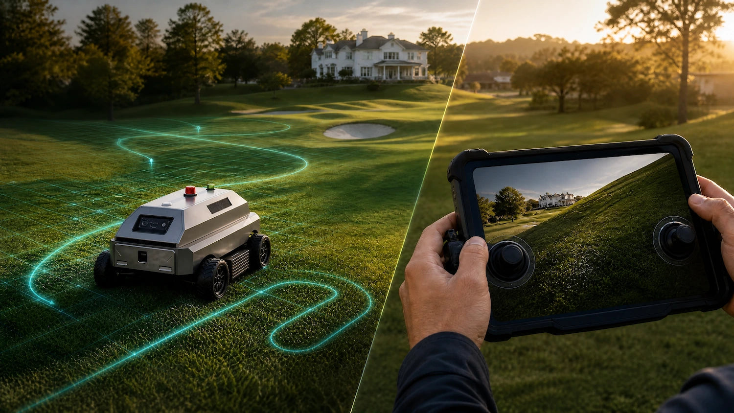 Robotic lawn mower on a lawn with a person controlling it from a tablet.