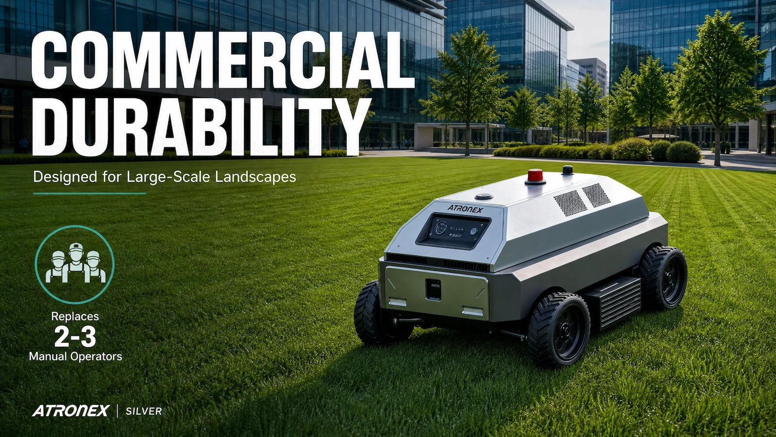 Robotic lawn mower on grass with text about commercial durability and replace 2-3 maual operators, improving ROI to lawn management.