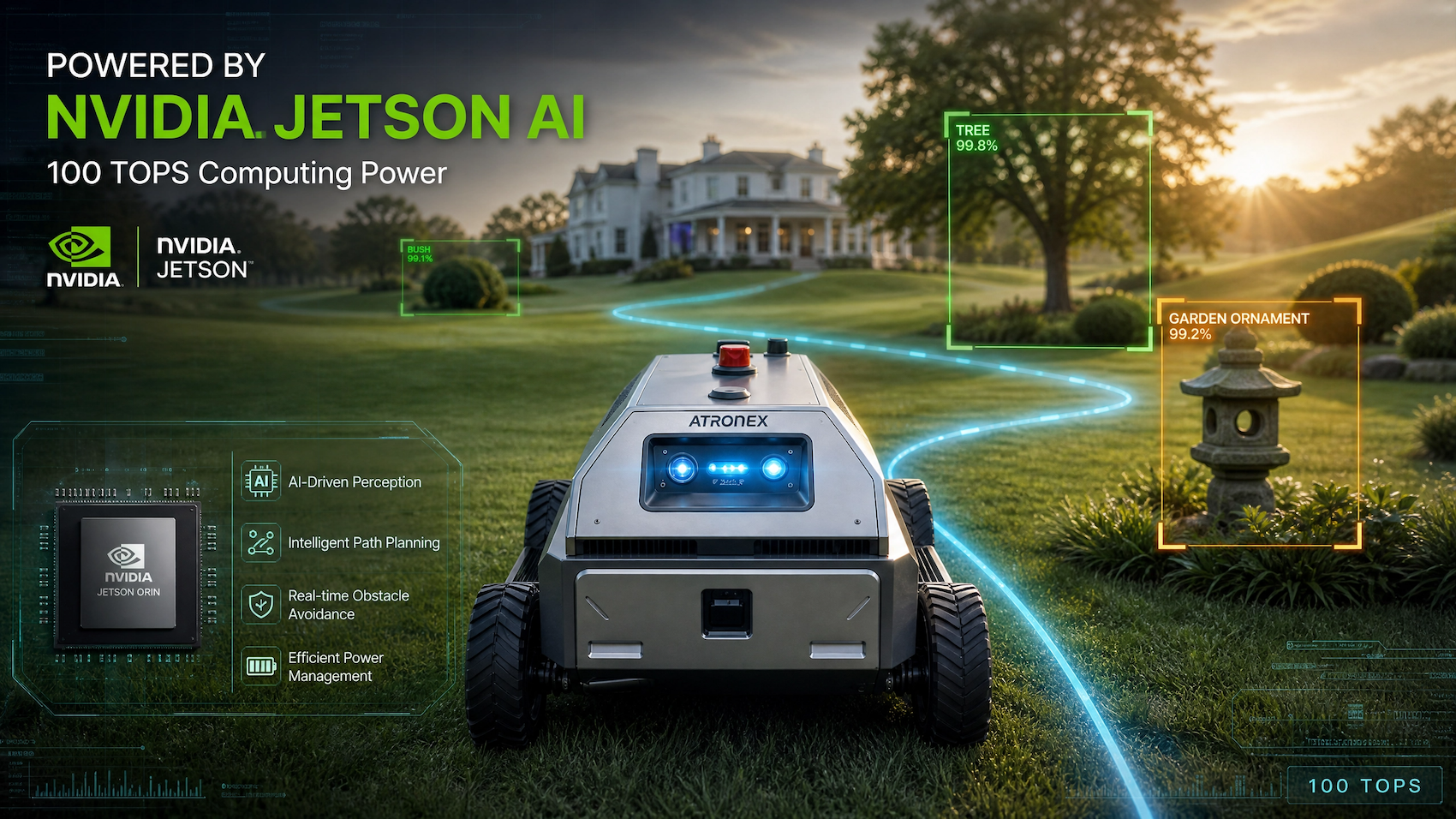 Atronex Commercial Robotic lawn mower with NVIDIA Jetson AI technology in a garden setting