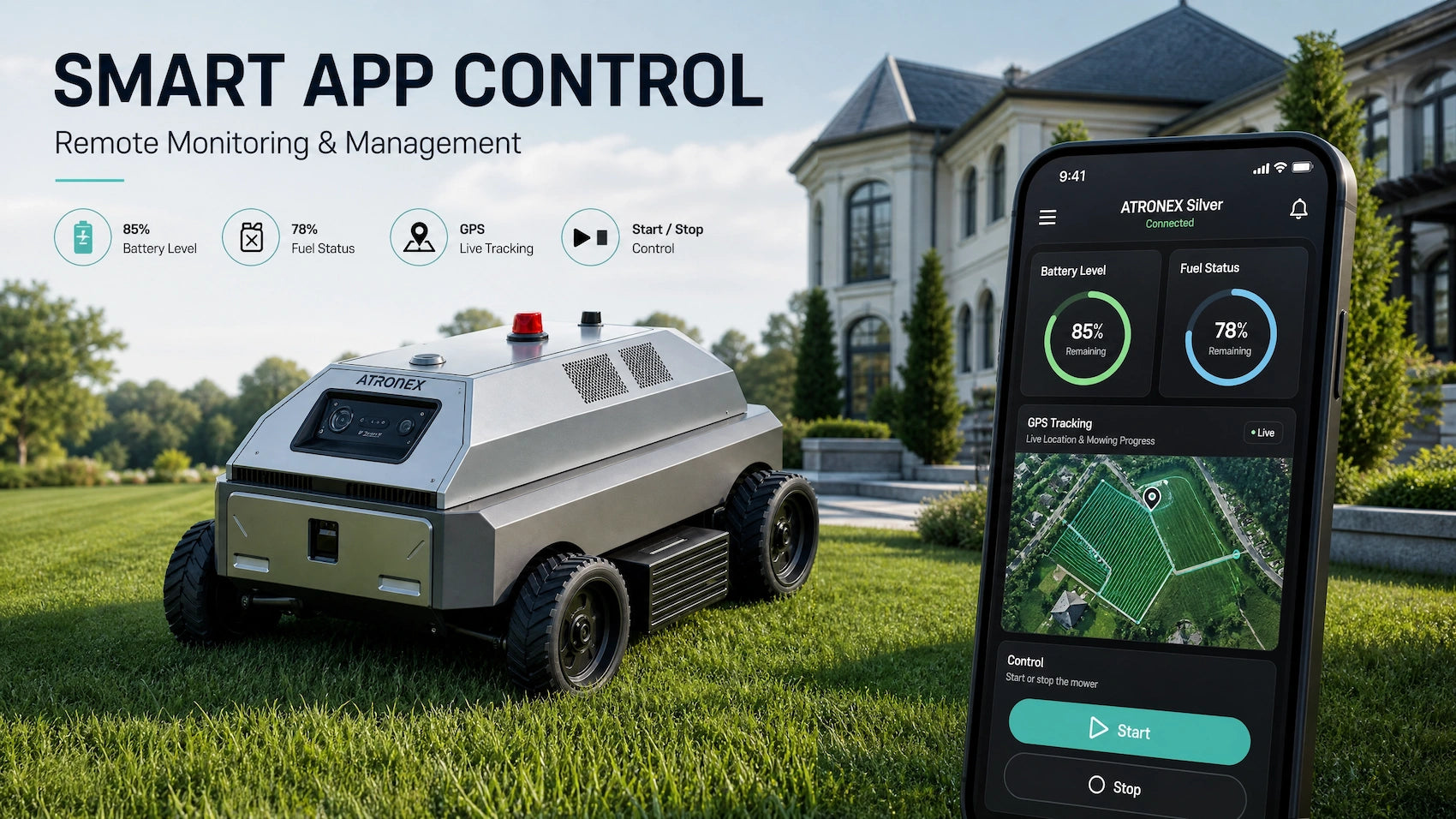 Robotic lawn mower in front of a house with smart app control interface displayed on a smartphone.