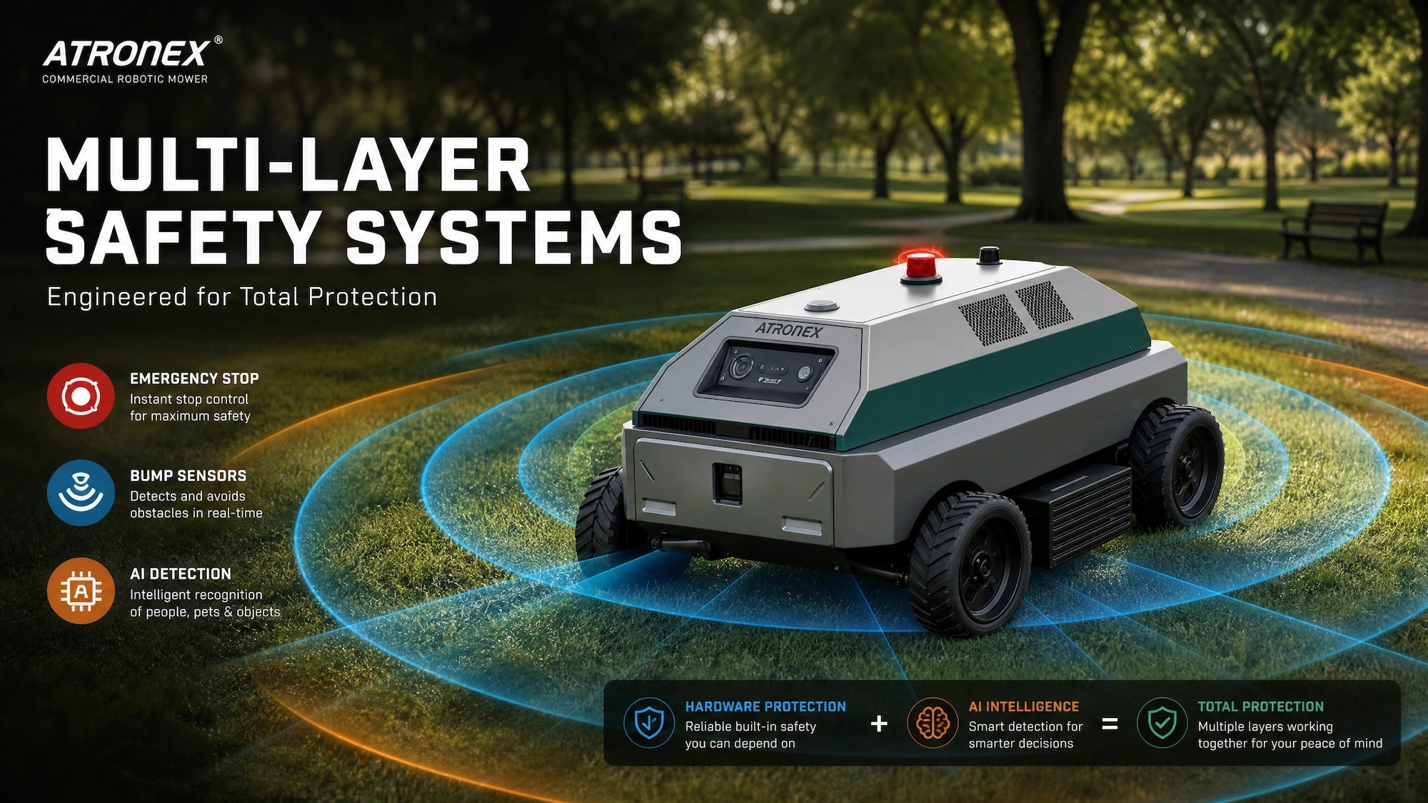commercial robotic lawn mower Atronex can avoid people and pets