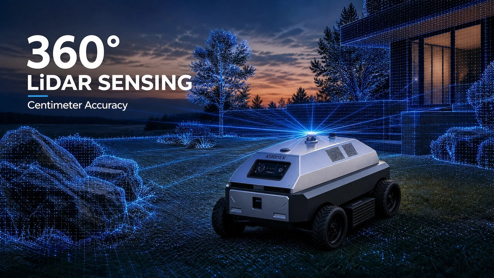 commercial robotic lawn mower Atronex key feature is 360 angle lidar sensing